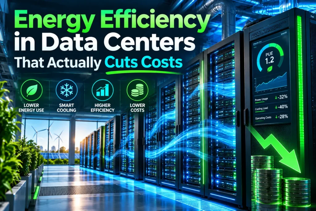 Energy Efficiency in Data Centers That Actually Cuts Costs Energy-efficient data center with server racks, smart cooling, renewable power, and graphics showing lower energy costs.