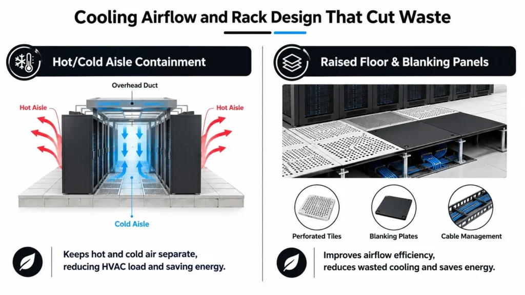 Data center cooling design showing hot/cold aisle containment, raised floors, blanking panels, and efficient airflow.