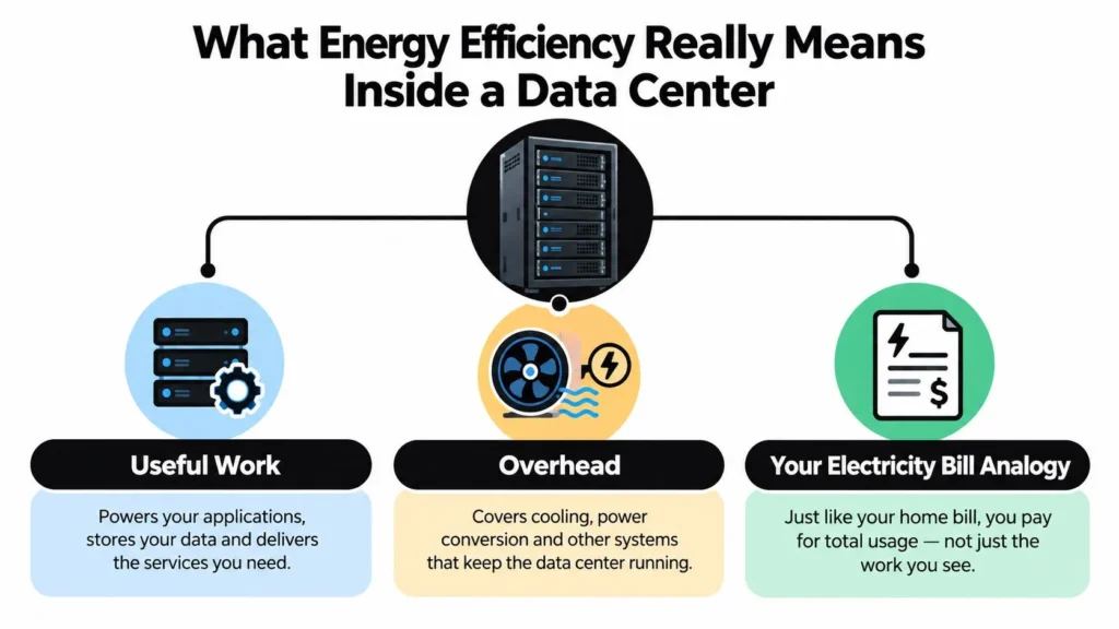 Infographic explaining data center energy efficiency through useful work, system overhead, and electricity usage.