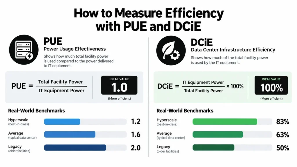Infographic comparing PUE and DCiE metrics, formulas, ideal values, and data center efficiency benchmarks.