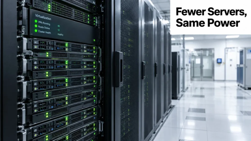 Virtualized server racks in a modern data center illustrating fewer servers delivering the same computing power.