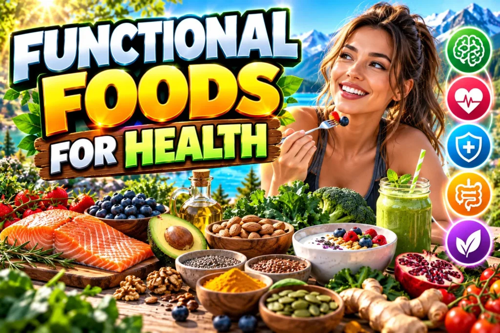Functional foods for health featuring salmon, berries, avocado, nuts, greens, yogurt, seeds, and a healthy smoothie.