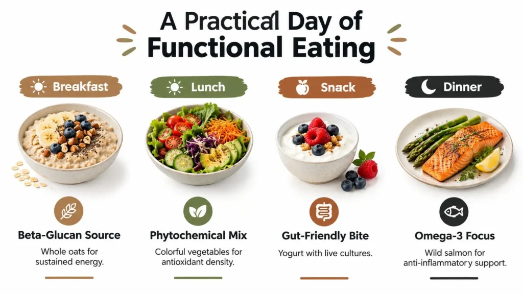 Functional eating meal plan with oatmeal, vegetable salad, yogurt and berries, and salmon with asparagus.