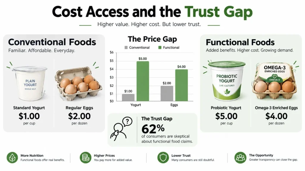 Functional vs. conventional foods infographic comparing yogurt and egg prices while highlighting a 62% consumer trust gap.