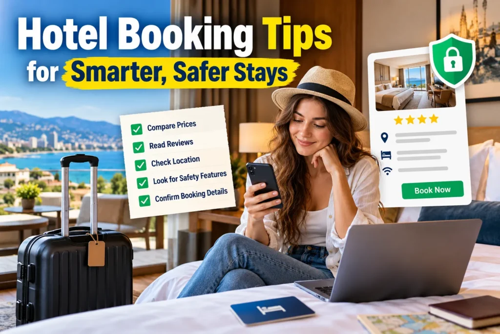 Traveler books a hotel on her phone beside luggage, with a safety checklist, ratings, and a seaside resort view.