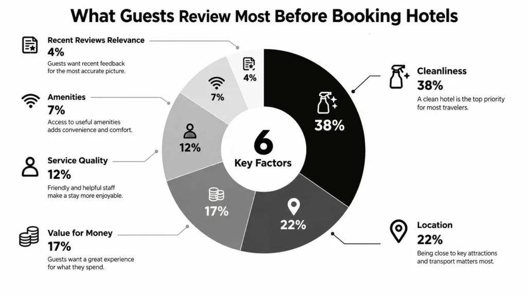 Hotel booking infographic showing cleanliness, location, value, service, amenities, and recent reviews as key guest factors.
