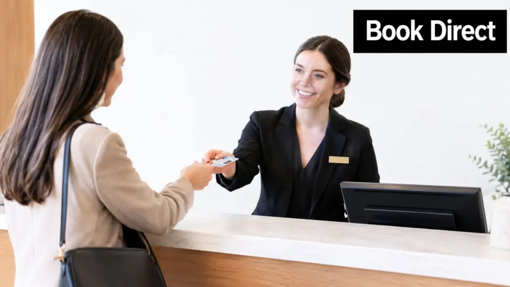 Hotel guest receiving a card from a smiling receptionist at the front desk with “Book Direct” text.