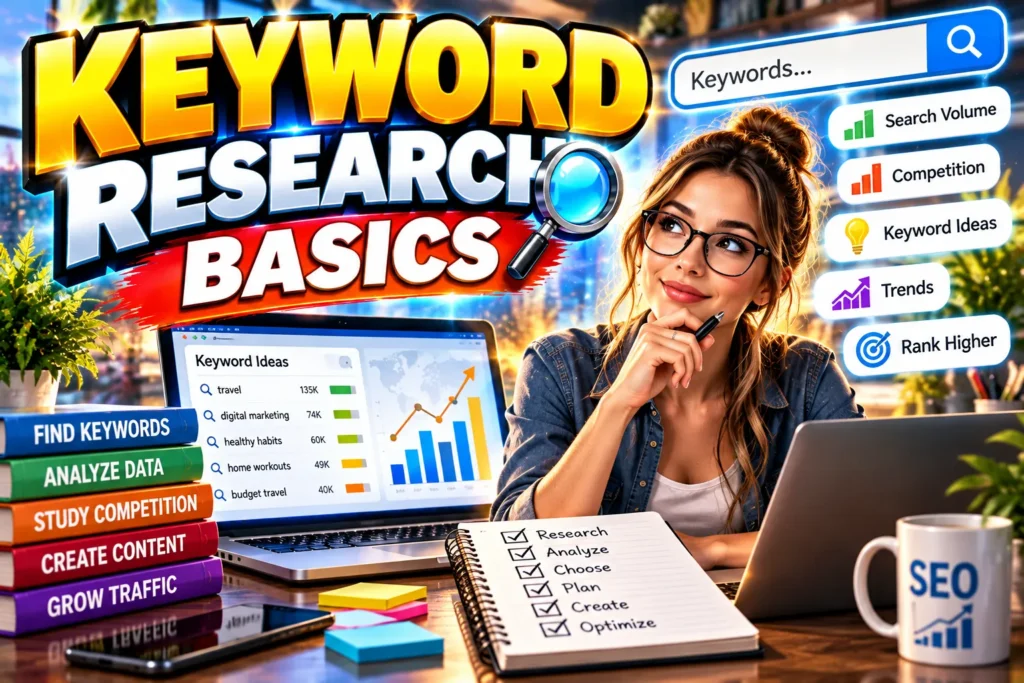 Keyword research basics with search volume, competition, trends, keyword ideas, SEO tools, and a digital marketing workspace.
