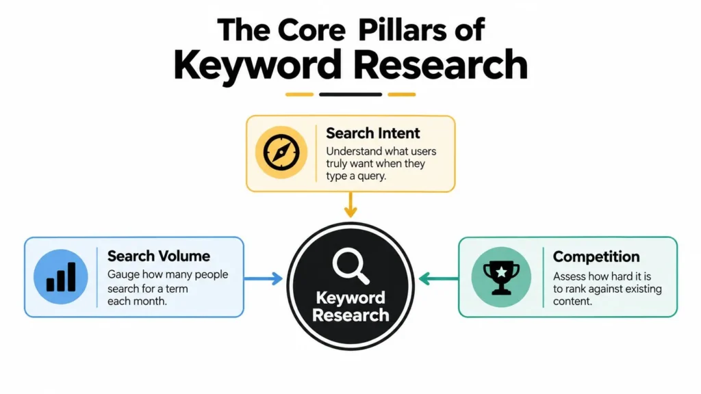 Keyword Research Basics: The Beginner's Field Guide Keyword research infographic highlighting three core pillars: search intent, search volume, and competition.