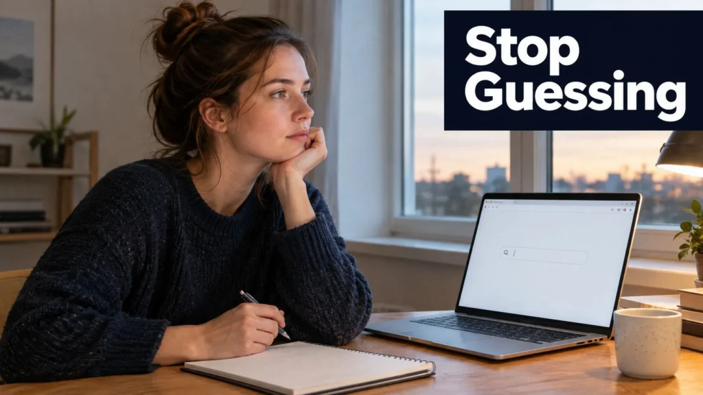 Keyword Research Basics: The Beginner's Field Guide Woman researching keywords at a desk with laptop and notebook, accompanied by the message “Stop Guessing.”