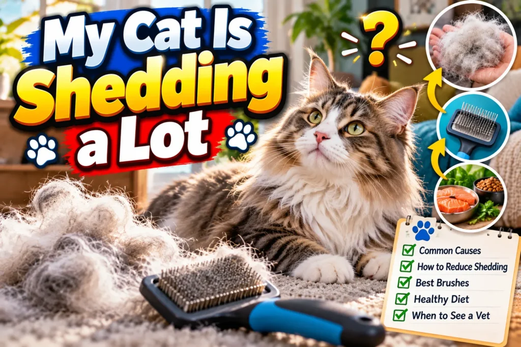 My Cat Is Shedding a Lot: What It Really Means Fluffy cat beside piles of shed fur, grooming brushes, diet tips, and a checklist about reducing excessive shedding.