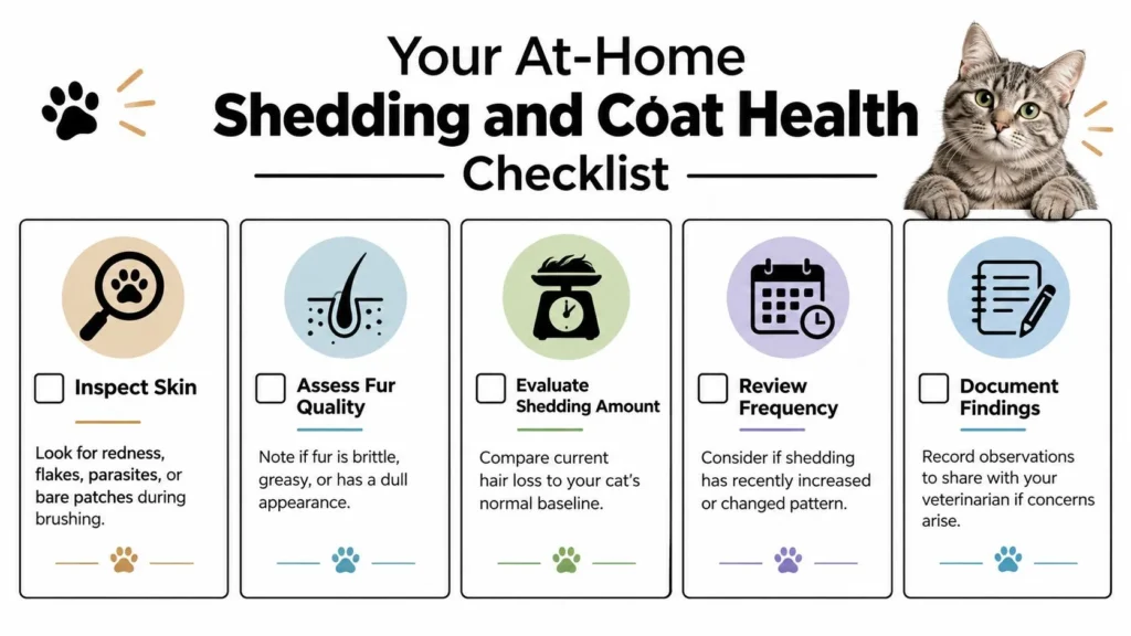 My Cat Is Shedding a Lot: What It Really Means Cat shedding and coat health checklist covering skin, fur quality, shedding amount, frequency, and observations.