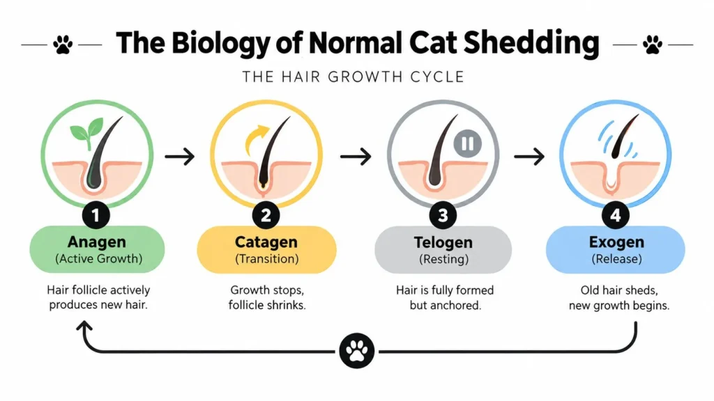 My Cat Is Shedding a Lot: What It Really Means Cat hair growth cycle infographic showing anagen, catagen, telogen, and exogen stages of normal shedding.