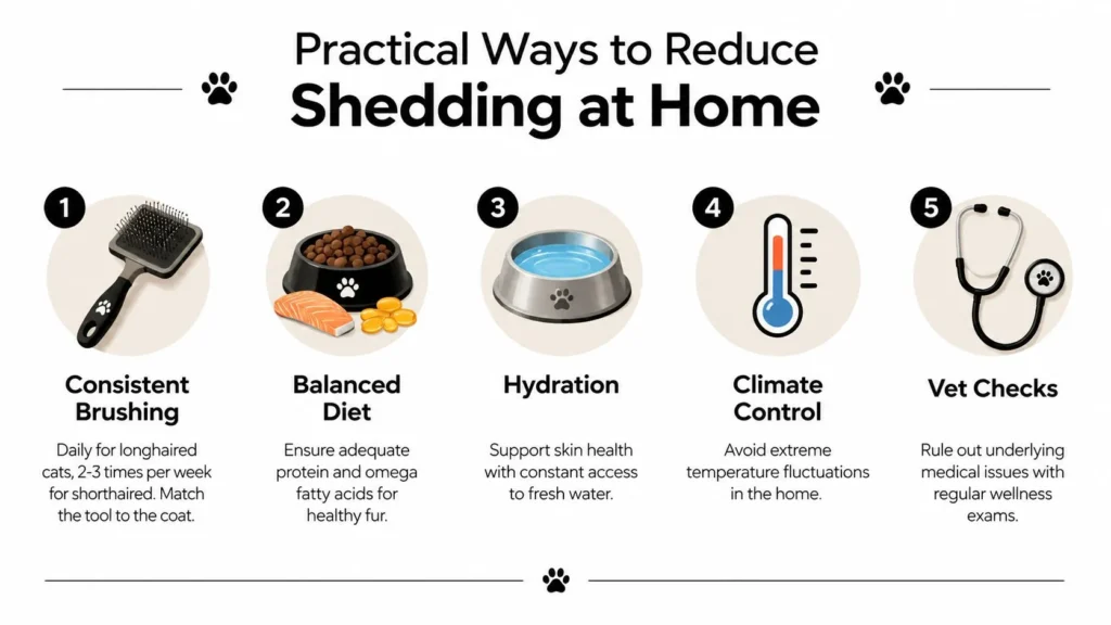 My Cat Is Shedding a Lot: What It Really Means Cat shedding reduction tips including regular brushing, balanced diet, hydration, climate control, and vet checks.