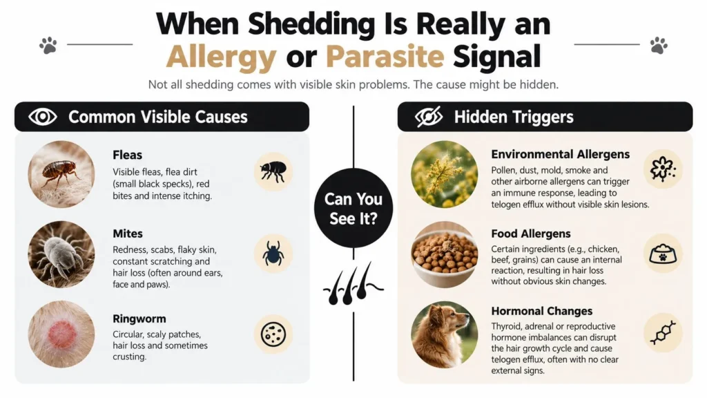 My Cat Is Shedding a Lot: What It Really Means Cat shedding infographic comparing visible causes like fleas and mites with hidden allergy and hormonal triggers.