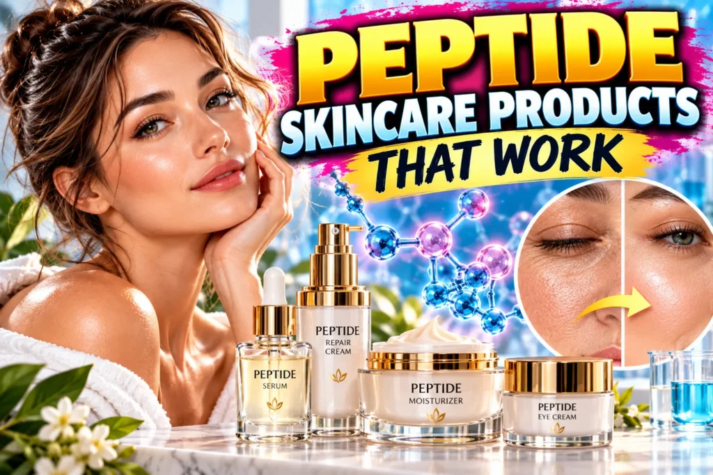 Woman with glowing skin beside peptide serum, moisturizer, eye cream, molecular graphics, and skincare results.