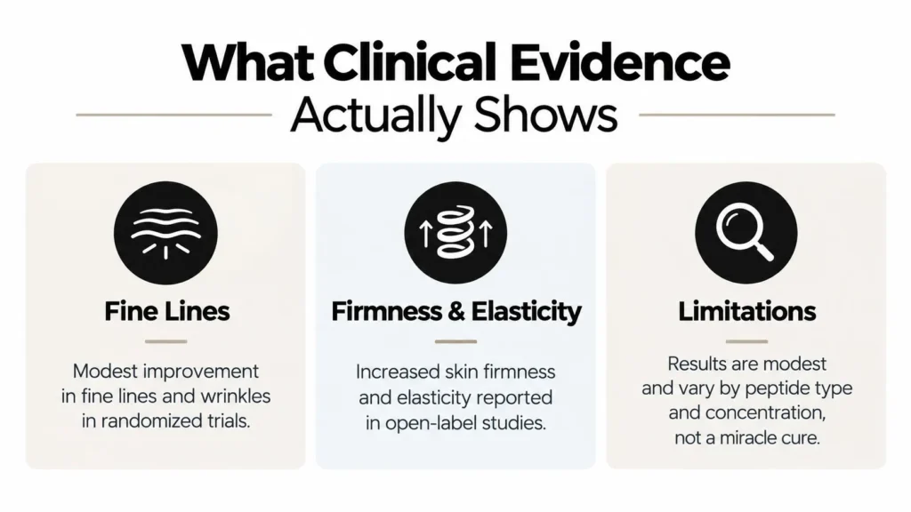 Infographic summarizing clinical evidence for peptides on fine lines, skin firmness, elasticity, and study limitations.