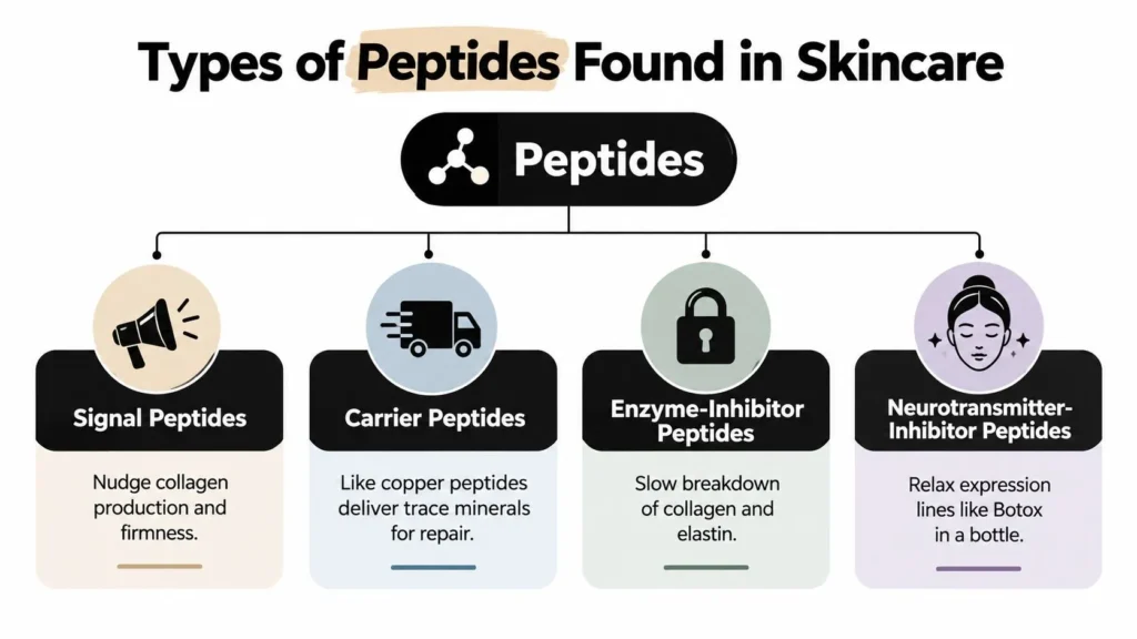 Infographic showing four skincare peptide types: signal, carrier, enzyme-inhibitor, and neurotransmitter-inhibitor peptides.