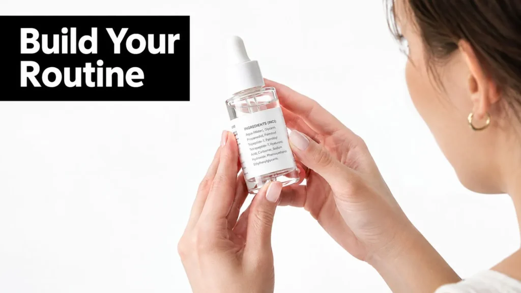 Woman reading the ingredient label on a peptide skincare serum while building her daily skincare routine.