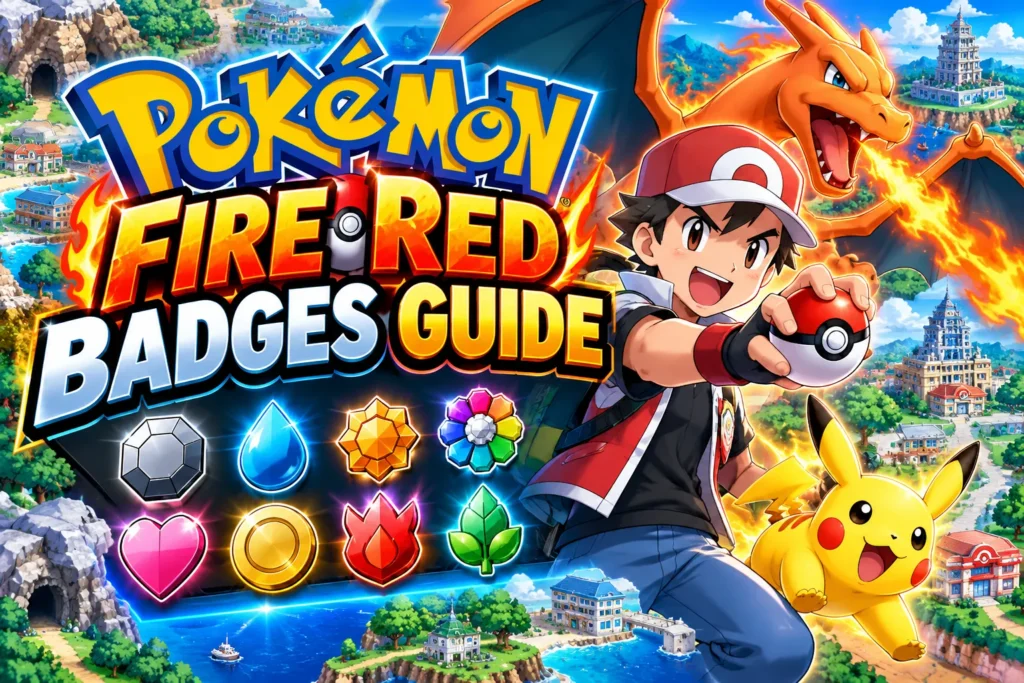 Pokémon FireRed Badges Guide featuring a trainer, Charizard, Pikachu, Kanto scenery, and eight colorful badges.