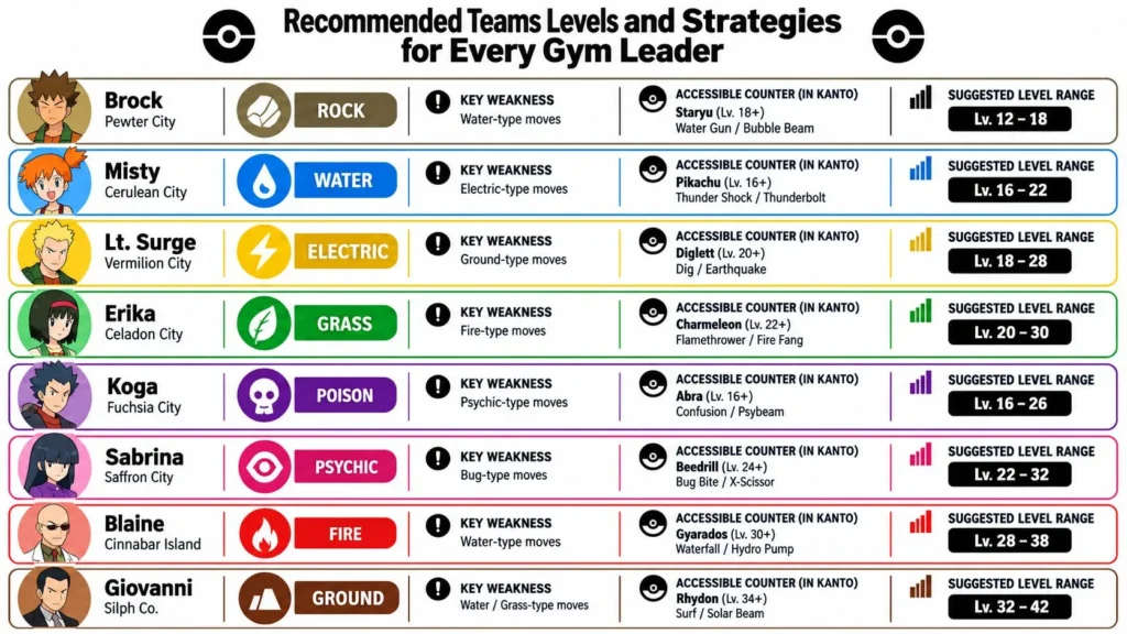 Pokémon FireRed gym leader guide with recommended team levels, weaknesses, counters, and battle strategies.