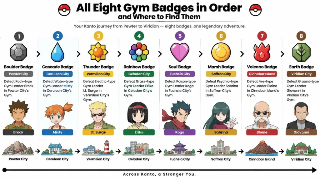 Pokémon FireRed infographic showing all eight Kanto gym badges in order, with gym leaders and city locations.