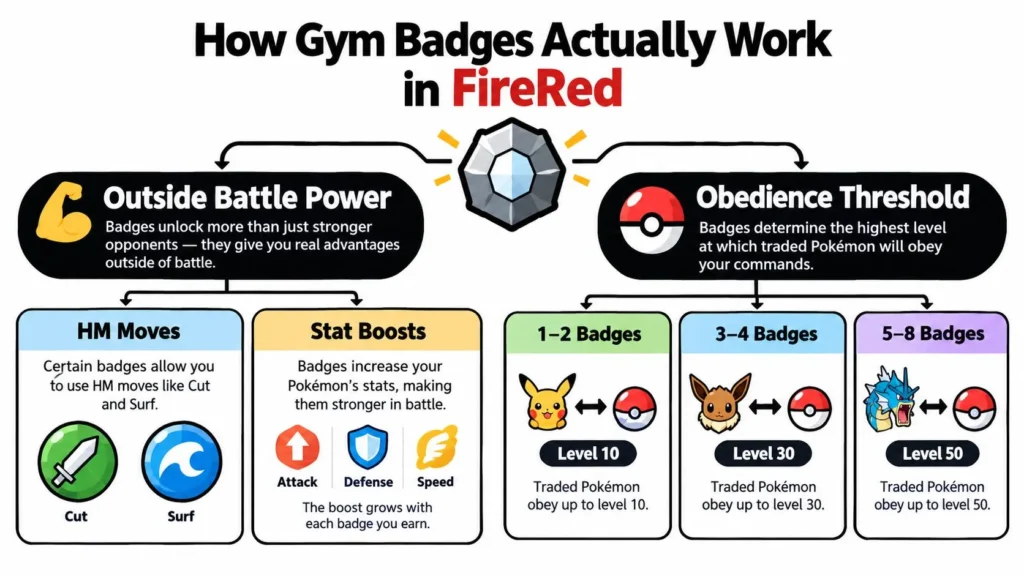 Pokémon FireRed gym badge guide showing HM moves, stat boosts, and obedience levels for traded Pokémon.