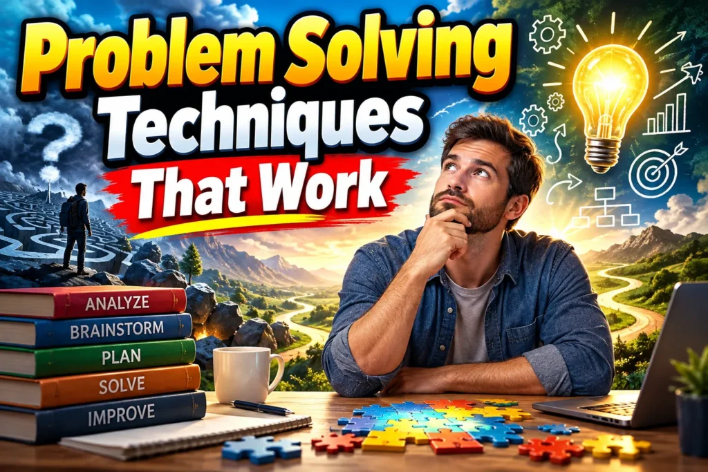 Problem-solving thumbnail with a thoughtful man, glowing lightbulb, puzzle pieces, maze, and strategy books.
