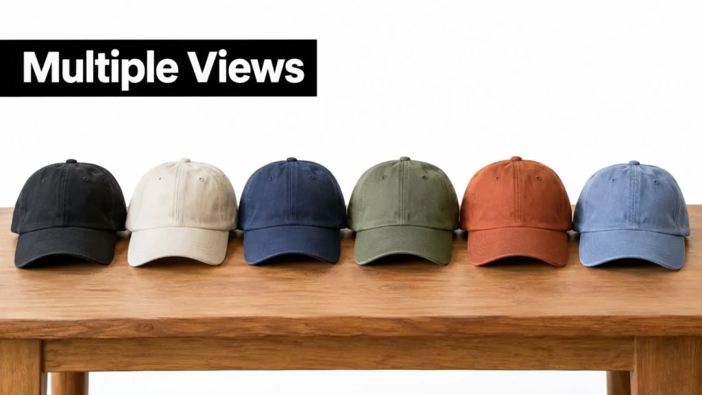 Six baseball caps in different colors displayed on a wooden table beneath a “Multiple Views” heading.