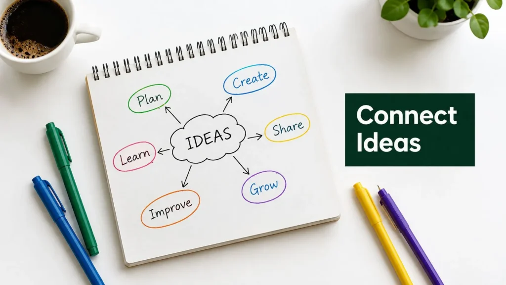 Idea mapping notebook with plan, create, share, grow, improve and learn concepts, surrounded by colorful pens.