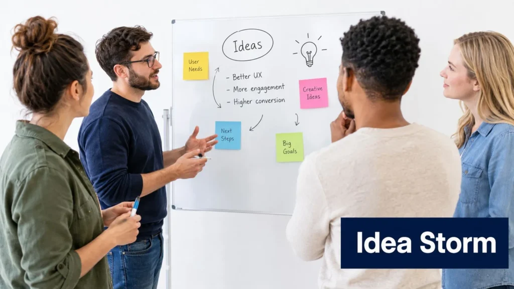 Team brainstorming session around a whiteboard with sticky notes, creative ideas, goals, and problem-solving strategies.