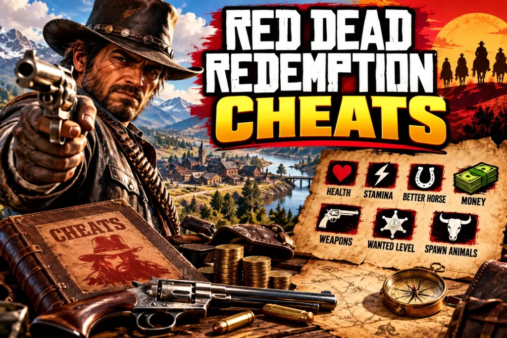 Western cowboy with revolver, mountain landscape, cheat icons, money, weapons, and bold Red Dead Redemption Cheats title.
