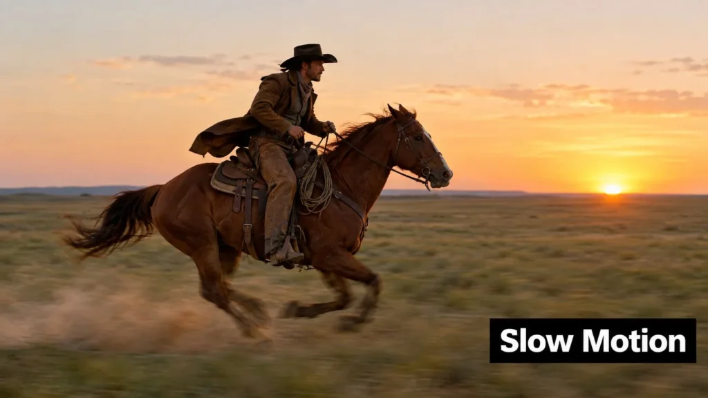 Cowboy riding a galloping horse across an open Western landscape at sunset, illustrating a slow-motion scene.
