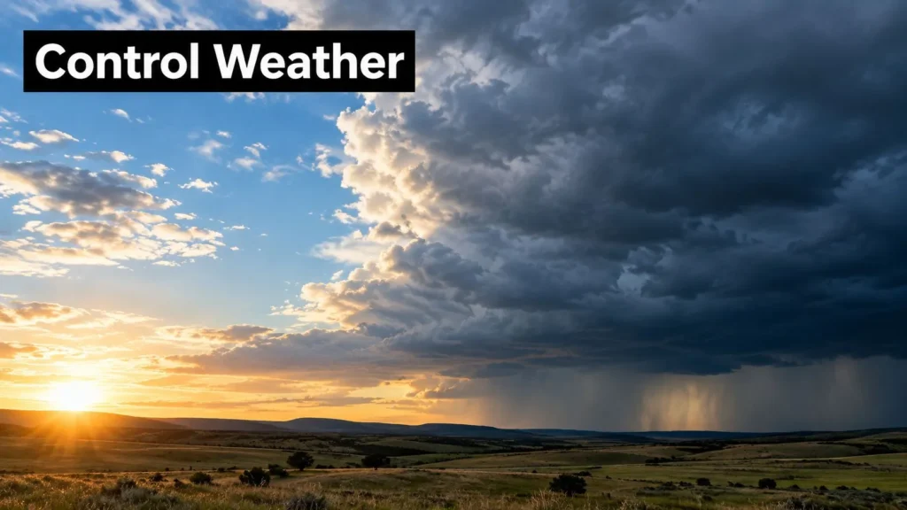 Dramatic landscape showing sunny skies meeting dark storm clouds and rainfall, illustrating weather control.