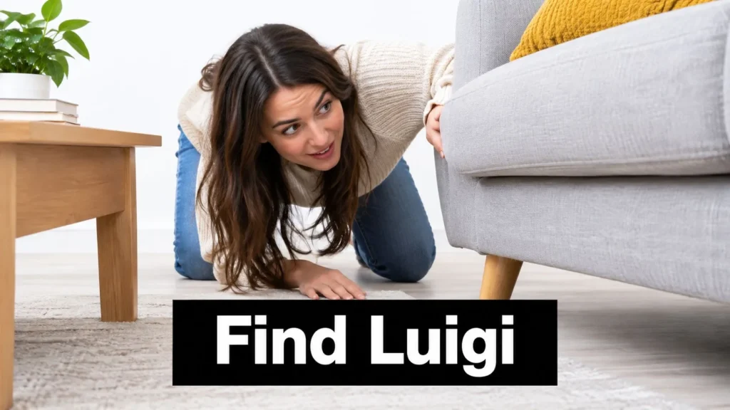 Super Mario Galaxy Luigi Unlock Guide and Gameplay Tips Woman searching under a sofa with the text “Find Luigi,” illustrating a Super Mario Galaxy Luigi guide.