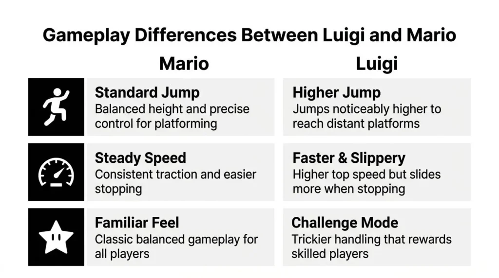 Super Mario Galaxy Luigi Unlock Guide and Gameplay Tips Infographic comparing Mario and Luigi gameplay, including jumping, speed, handling, and difficulty differences.