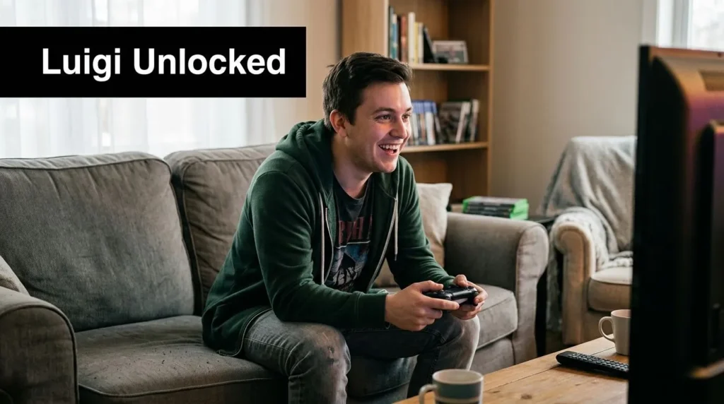 Super Mario Galaxy Luigi Unlock Guide and Gameplay Tips Gamer smiling while playing a video game on a TV, with “Luigi Unlocked” displayed on the image.