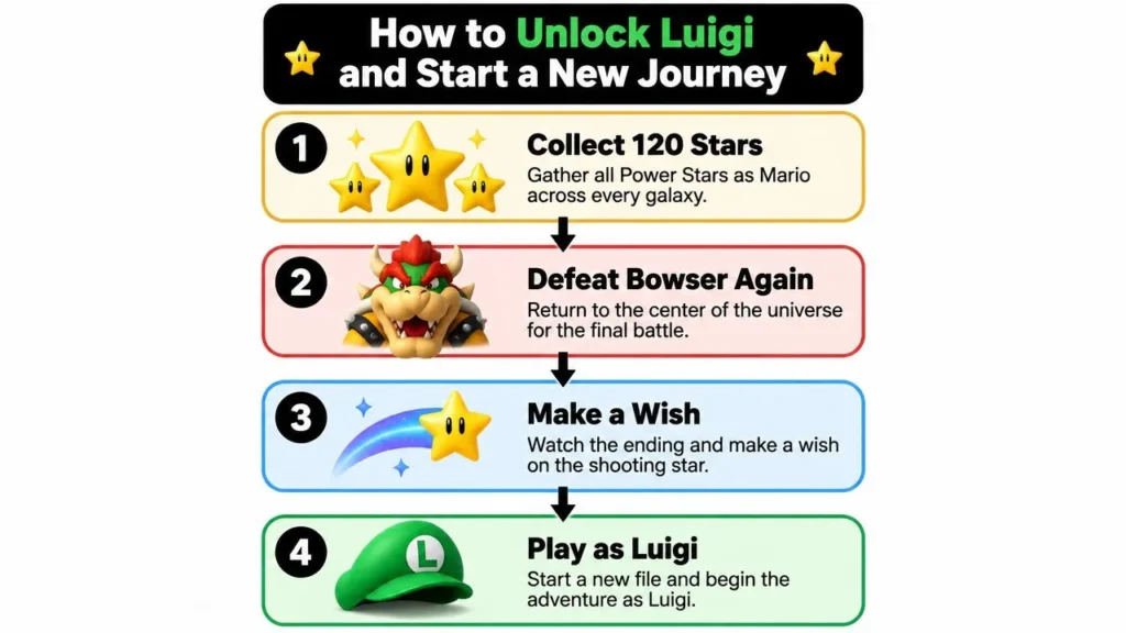 Super Mario Galaxy Luigi Unlock Guide and Gameplay Tips Super Mario Galaxy infographic showing four steps to unlock Luigi, from collecting 120 stars to starting a new game.