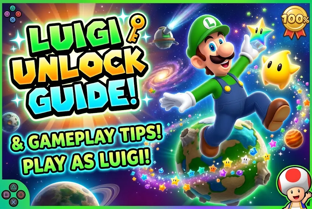 Luigi unlock guide and gameplay tips for Super Mario Galaxy, featuring Luigi jumping through a colorful space scene.