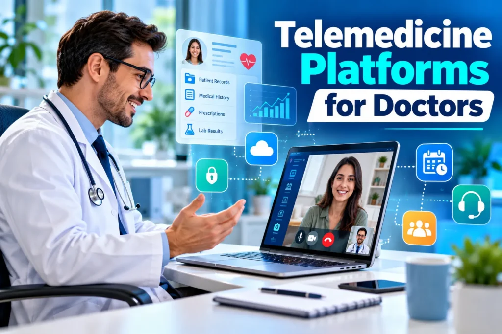 Doctor using a telemedicine platform for a video consultation with patient records, scheduling, security, and support tools.