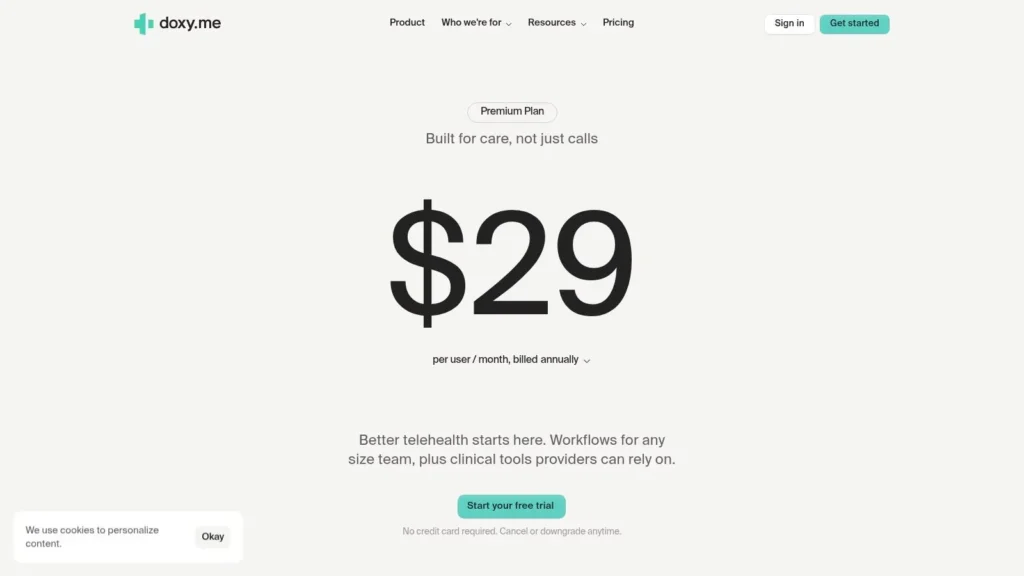 Doxy.me telehealth Premium Plan pricing page showing $29 per user per month with annual billing.