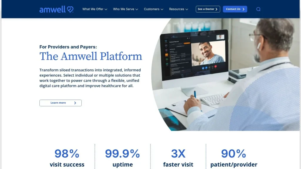 Amwell telehealth platform webpage showing a doctor conducting a virtual consultation with a patient.