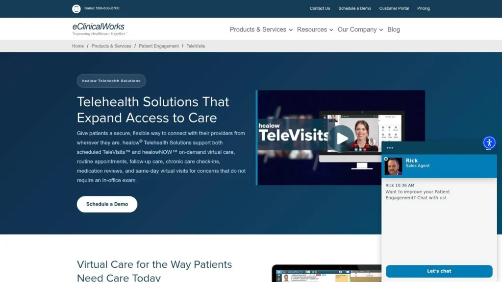 eClinicalWorks telehealth solutions webpage featuring healow TeleVisits for secure virtual patient care.