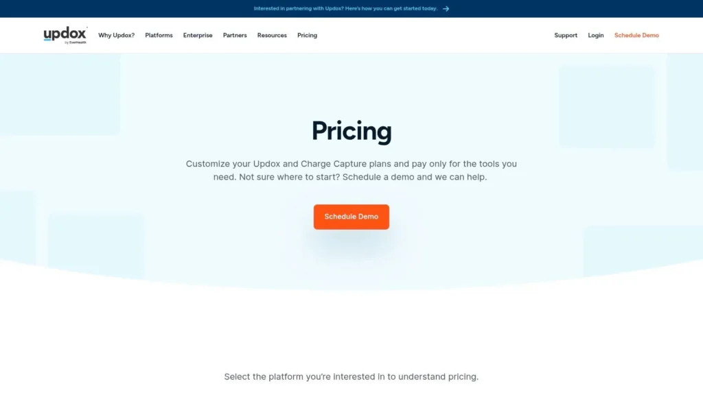 Updox pricing webpage offering customizable healthcare platform plans with a Schedule Demo option.
