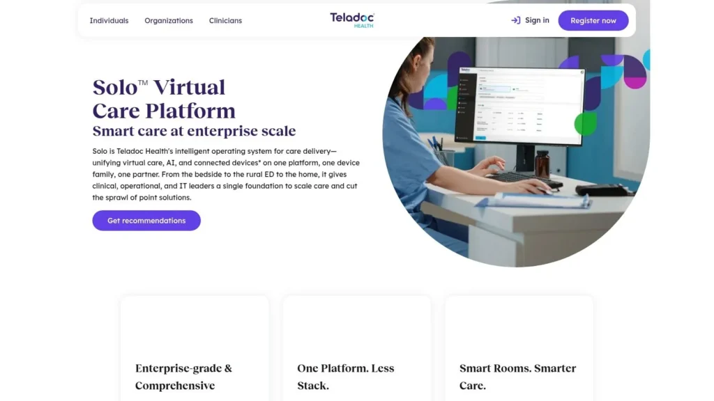 Teladoc Health Solo Virtual Care Platform webpage showing enterprise telehealth features and a clinician at a computer.
